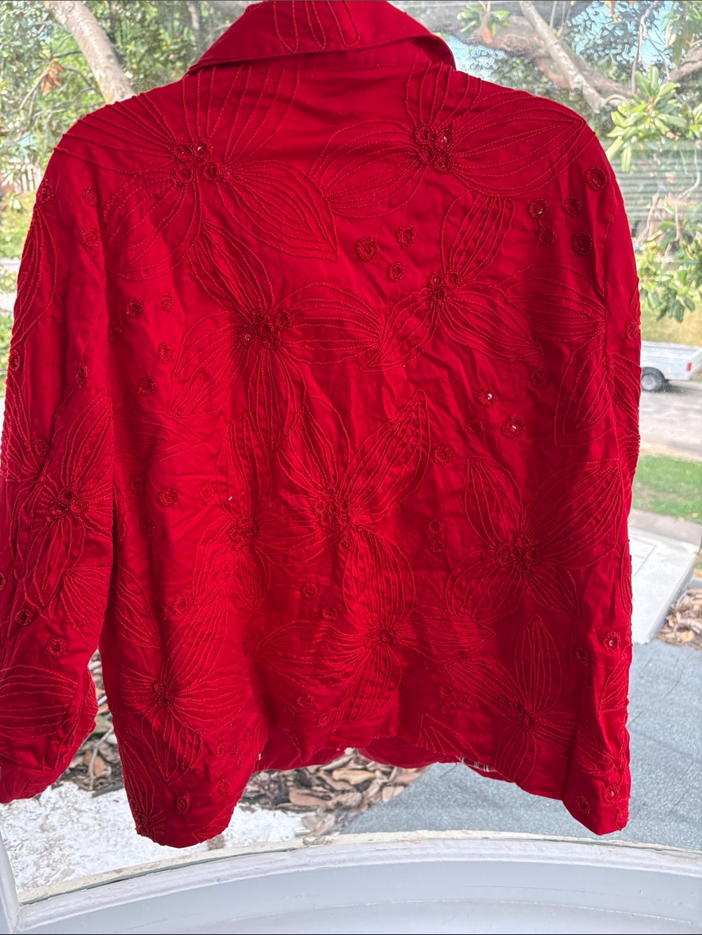 Chico's Red Embroidered Button-Front Jacket - Picture 2 of 3
